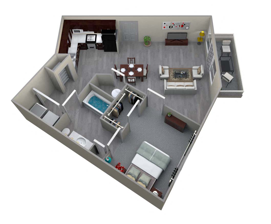 Floor plan for 1 bed, 1 bath, 778 sqft